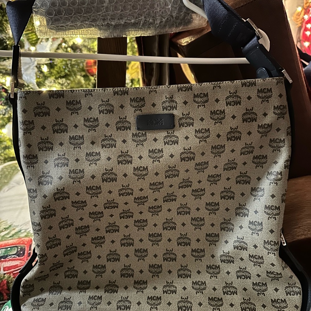 MCM Beige and Navy Blue Messenger Bag